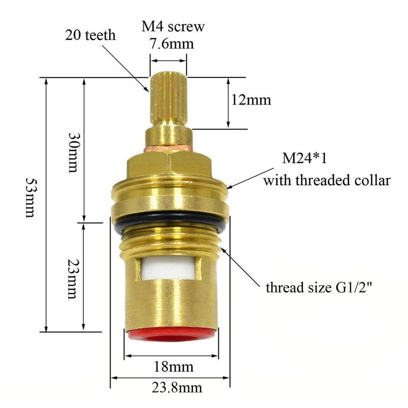 Huashan Replacement Brass Ceramic Disc Stem Cartridge Faucet Valve Quarter Turn 1/2" X 53mm x 12mm spline length 20 teeth(PAIR Hot & Cold) - Image 3